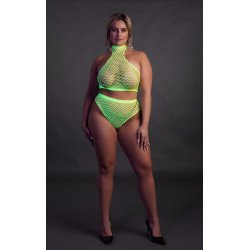 Ouch! Glow Ensemble Bustier et Culotte Filet Vert Fluo